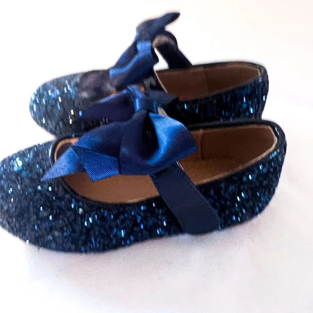 Navy Blue Rock Glitter Mary Jane Flats Toddler Girl Bow Dress Shoes